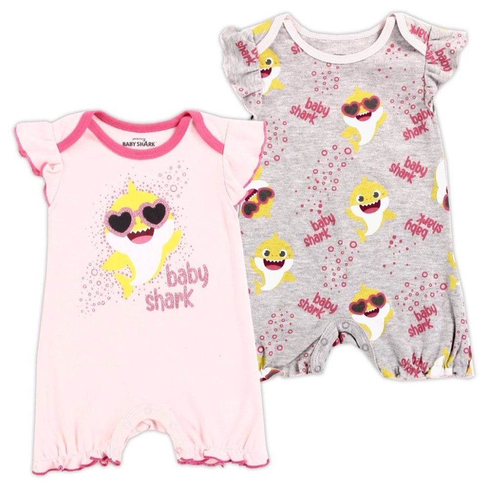 Baby Shark Girls Rompers 2pc Bundle Baby Clothes Pink Grey Onesies 3M 6M 9M